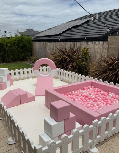 Pink & White soft play hire setup for a children’s birthday party in Adelaide