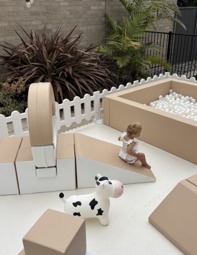 Beige & White soft play hire setup for a children’s birthday party in Adelaide